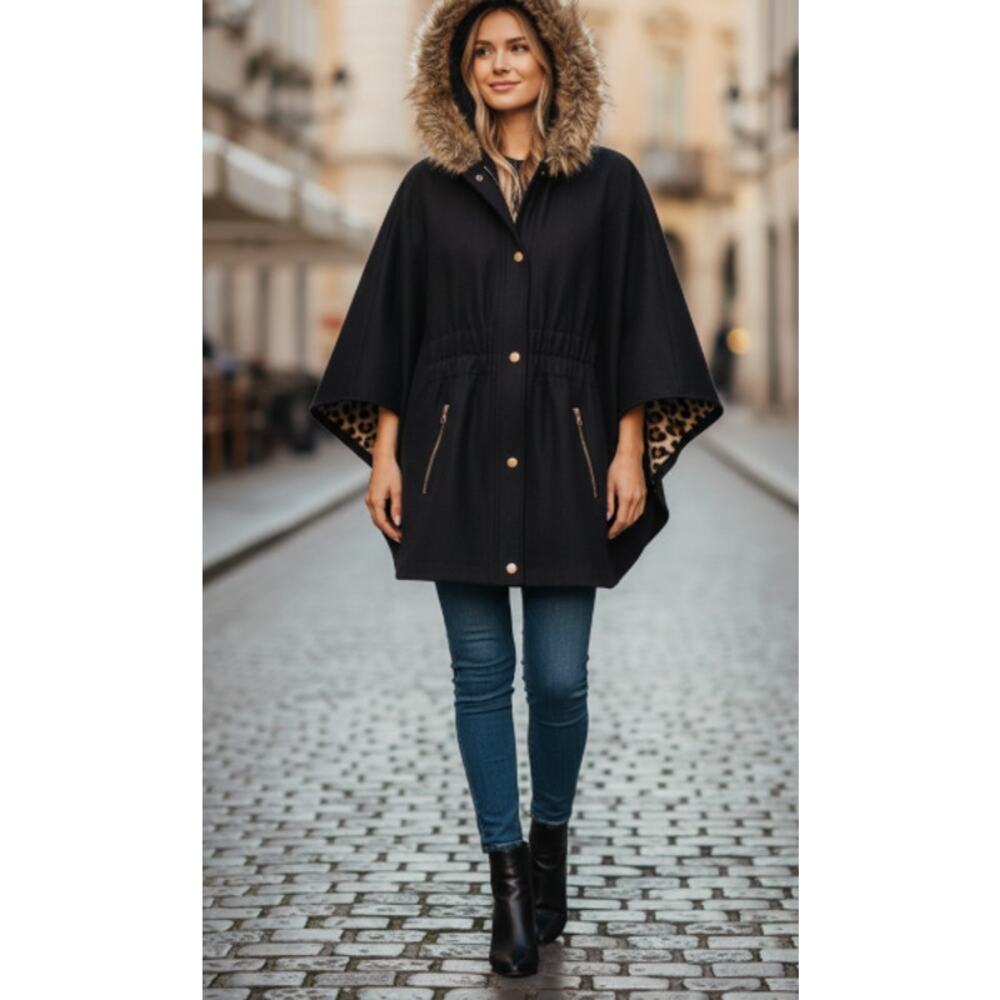 Moda International Hooded Wool Blendd Cape Coat Poncho